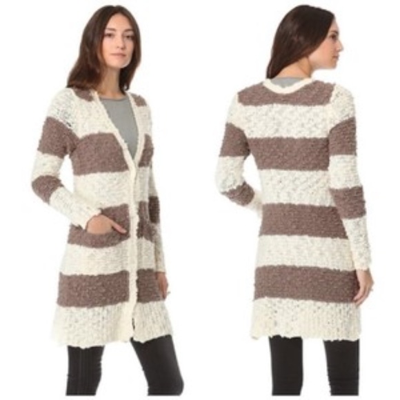 Free People Sweaters - Free People Cuddle Bear Nubby Knit Long Sweater Cardigan Striped Ivory Brown L
